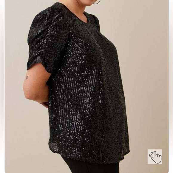 Torrid Black Sequin Ruched Sleeve Crew Neck Top - Picture 10 of 13